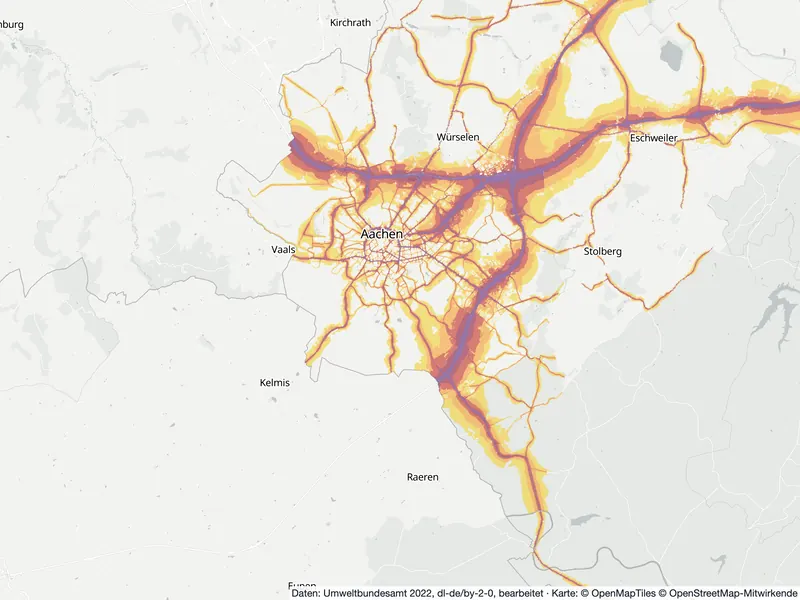 Lärmkarte Aachen: Straßenlärm tagsüber (Lden) von 55 dB (gelb) bis über 75 dB (violett), Stand 2022