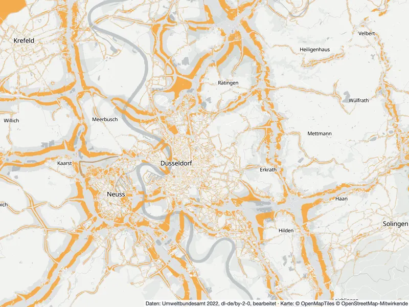 Karte Düsseldorf: Straßenlärm von 60 bis 64 dB tagsüber (Lden) hervorgehoben, Stand 2022