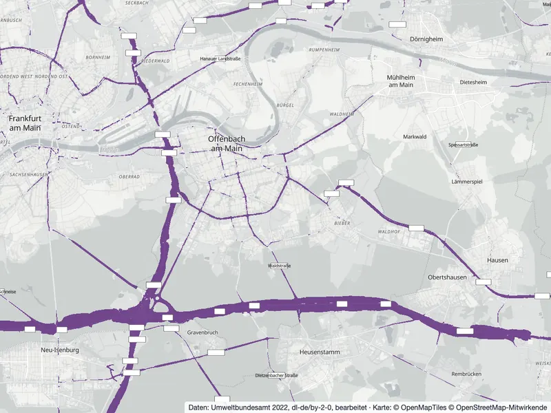 Karte Offenbach: Straßenlärm ab 75 dB tagsüber (Lden) hervorgehoben, Stand 2022