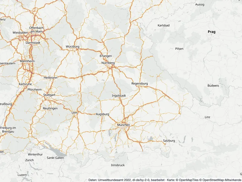 Lärmkarte Bayern: Straßenlärm tagsüber (Lden) an Hauptverkehrsstraßen und in den Großstädten, Stand 2022