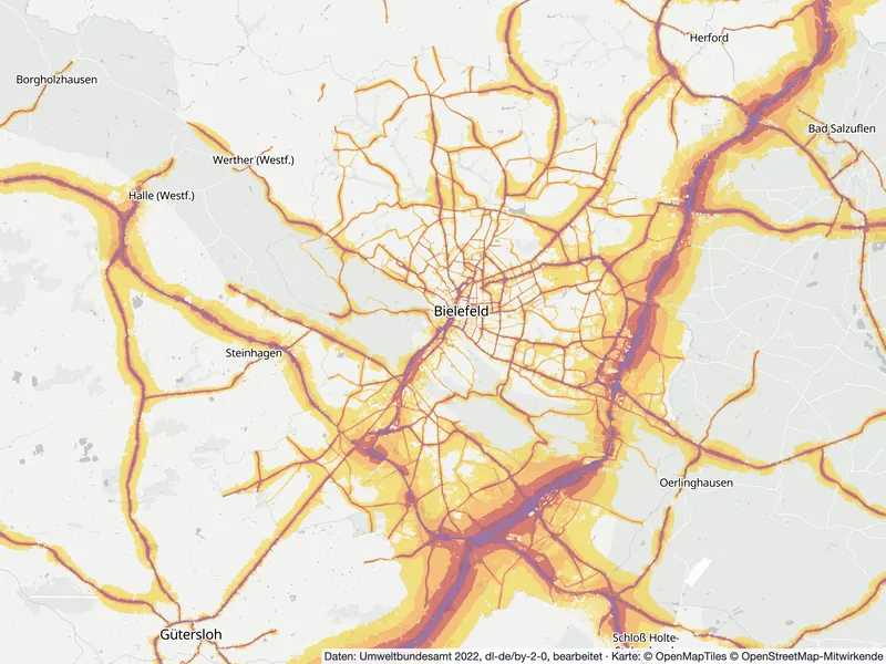 Lärmkarte Bielefeld: Straßenlärm tagsüber (Lden) von 55 dB (gelb) bis über 75 dB (violett), Stand 2022