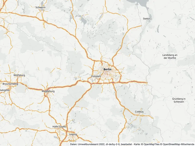 Lärmkarte Brandenburg: Straßenlärm tagsüber (Lden) an Hauptverkehrsstraßen und in den Großstädten, Stand 2022