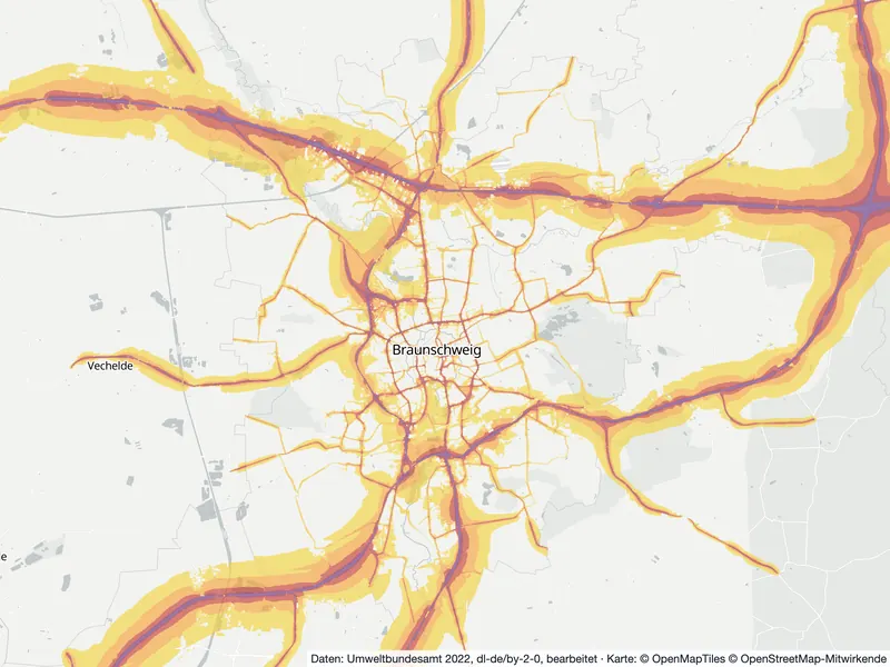 Lärmkarte Braunschweig: Straßenlärm nachts (Lnight) von 50 dB (gelb) bis über 70 dB (violett), Stand 2022
