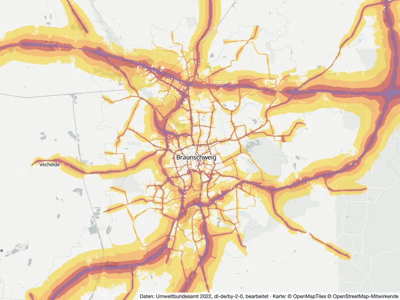 Lärmkarte Braunschweig: Straßenlärm tagsüber (Lden) von 55 dB (gelb) bis über 75 dB (violett), Stand 2022