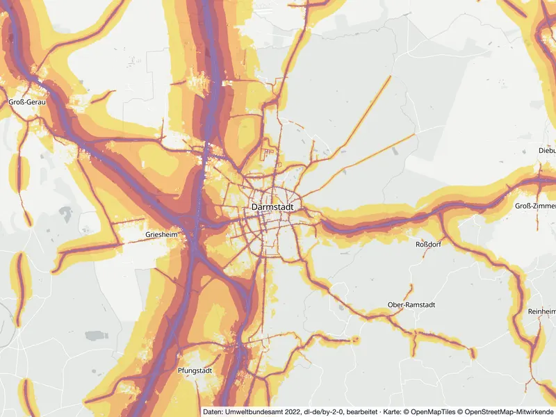 Lärmkarte Darmstadt: Straßenlärm tagsüber (Lden) von 55 dB (gelb) bis über 75 dB (violett), Stand 2022