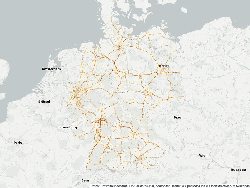 Lärmkarte Deutschland: Straßenlärm nachts (Lnight) an Hauptverkehrsstraßen und in den Großstädten, Stand 2022