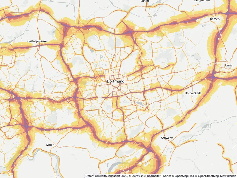 Lärmkarte Dortmund: Straßenlärm nachts (Lnight) von 50 dB (gelb) bis über 70 dB (violett), Stand 2022