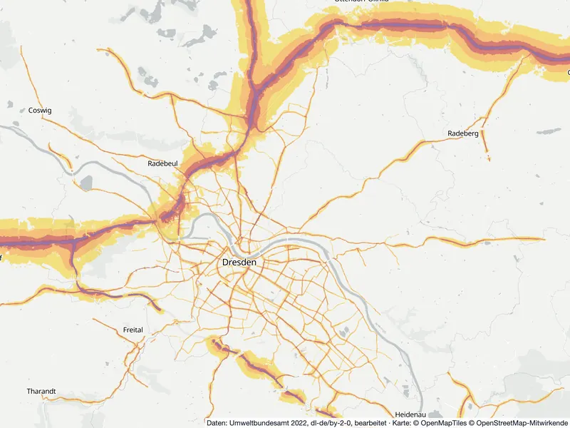 Lärmkarte Dresden: Straßenlärm nachts (Lnight) von 50 dB (gelb) bis über 70 dB (violett), Stand 2022