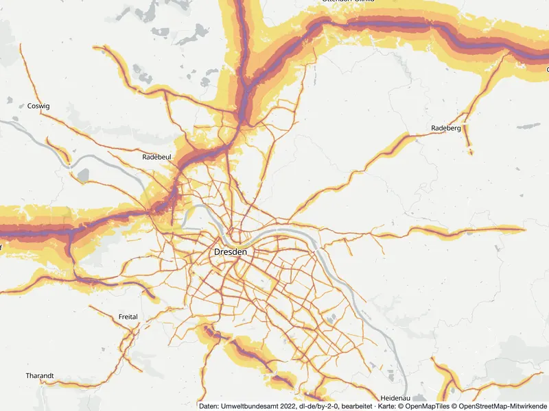Lärmkarte Dresden: Straßenlärm tagsüber (Lden) von 55 dB (gelb) bis über 75 dB (violett), Stand 2022