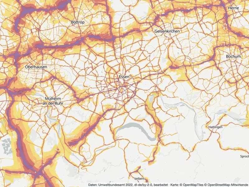 Lärmkarte Essen: Straßenlärm tagsüber (Lden) von 55 dB (gelb) bis über 75 dB (violett), Stand 2022