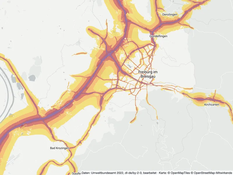 Lärmkarte Freiburg: Straßenlärm tagsüber (Lden) von 55 dB (gelb) bis über 75 dB (violett), Stand 2022