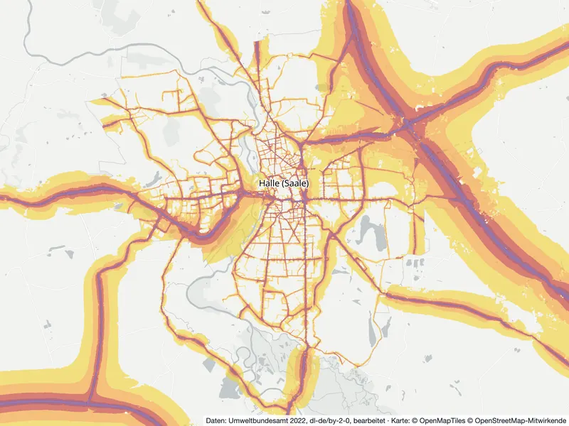 Lärmkarte Halle (Saale): Straßenlärm tagsüber (Lden) von 55 dB (gelb) bis über 75 dB (violett), Stand 2022