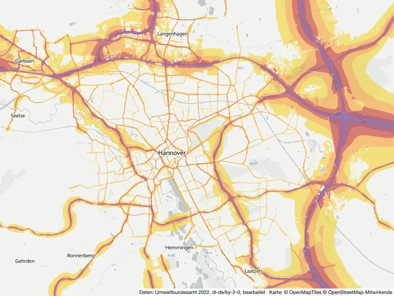 Lärmkarte Hannover: Straßenlärm nachts (Lnight) von 50 dB (gelb) bis über 70 dB (violett), Stand 2022