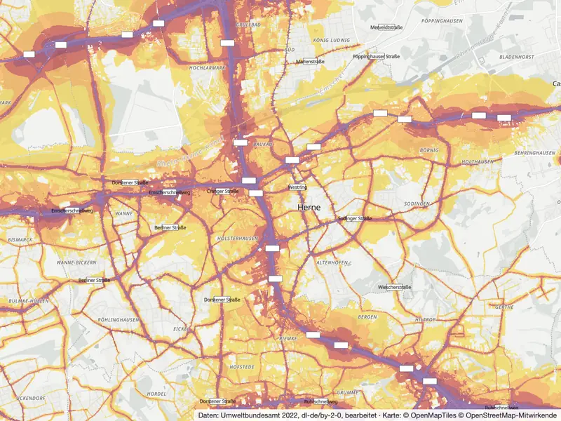Lärmkarte Herne: Straßenlärm tagsüber (Lden) von 55 dB (gelb) bis über 75 dB (violett), Stand 2022
