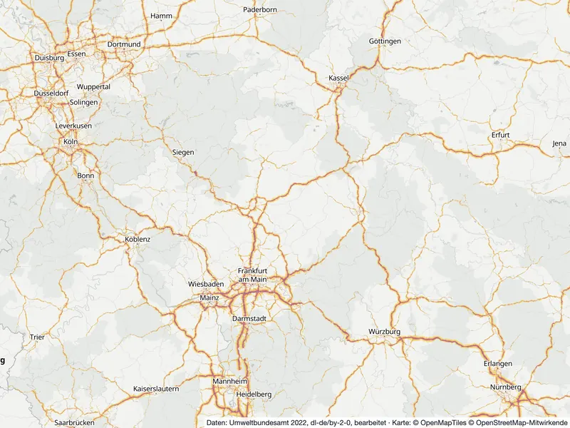 Lärmkarte Hessen: Straßenlärm nachts (Lnight) an Hauptverkehrsstraßen und in den Großstädten, Stand 2022