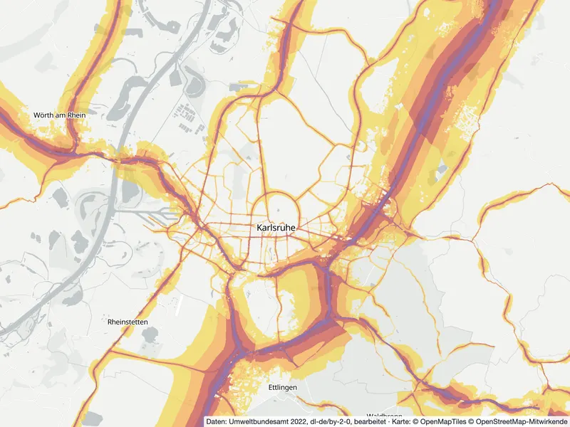 Lärmkarte Karlsruhe: Straßenlärm nachts (Lnight) von 50 dB (gelb) bis über 70 dB (violett), Stand 2022