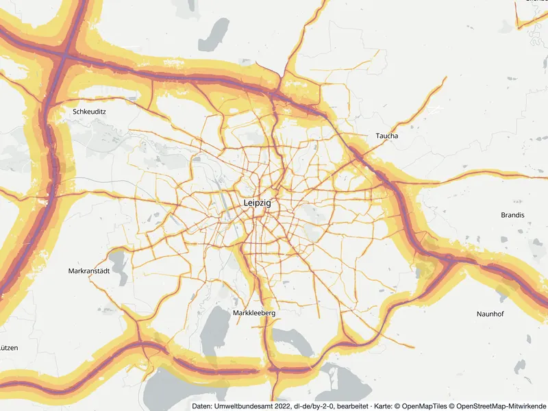 Lärmkarte Leipzig: Straßenlärm nachts (Lnight) von 50 dB (gelb) bis über 70 dB (violett), Stand 2022