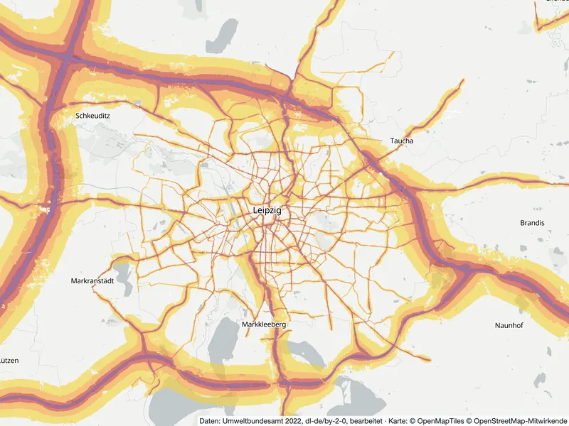 Lärmkarte Leipzig: Straßenlärm tagsüber (Lden) von 55 dB (gelb) bis über 75 dB (violett), Stand 2022