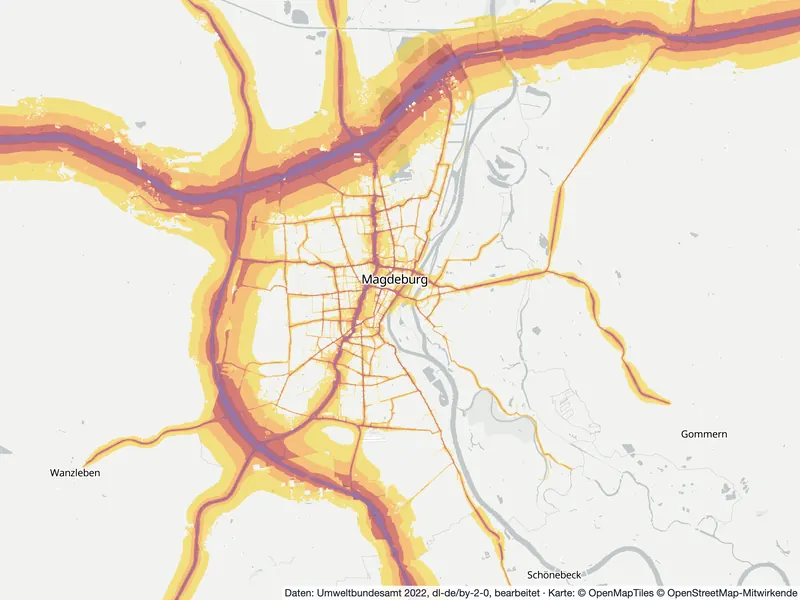 Lärmkarte Magdeburg: Straßenlärm nachts (Lnight) von 50 dB (gelb) bis über 70 dB (violett), Stand 2022