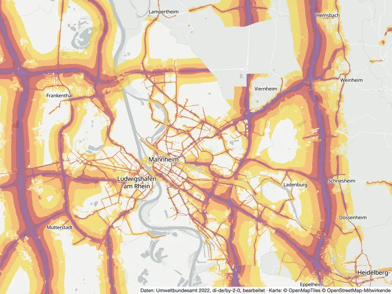 Lärmkarte Mannheim: Straßenlärm tagsüber (Lden) von 55 dB (gelb) bis über 75 dB (violett), Stand 2022