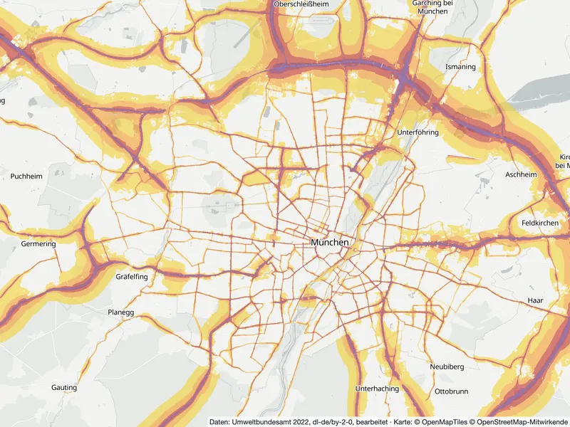 Lärmkarte München: Straßenlärm nachts (Lnight) von 50 dB (gelb) bis über 70 dB (violett), Stand 2022