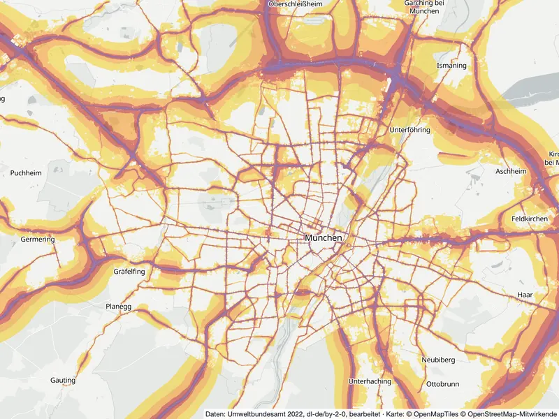 Lärmkarte München: Straßenlärm tagsüber (Lden) von 55 dB (gelb) bis über 75 dB (violett), Stand 2022