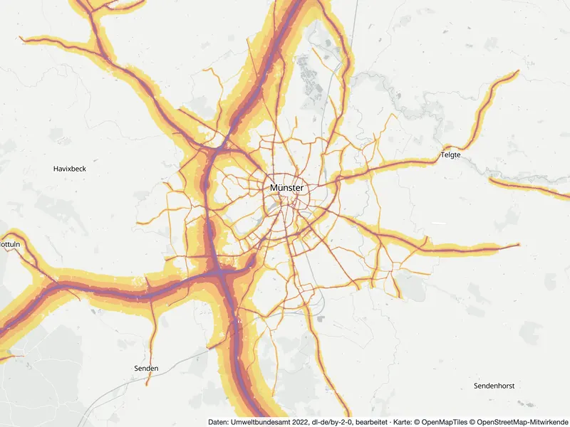 Lärmkarte Münster: Straßenlärm tagsüber (Lden) von 55 dB (gelb) bis über 75 dB (violett), Stand 2022