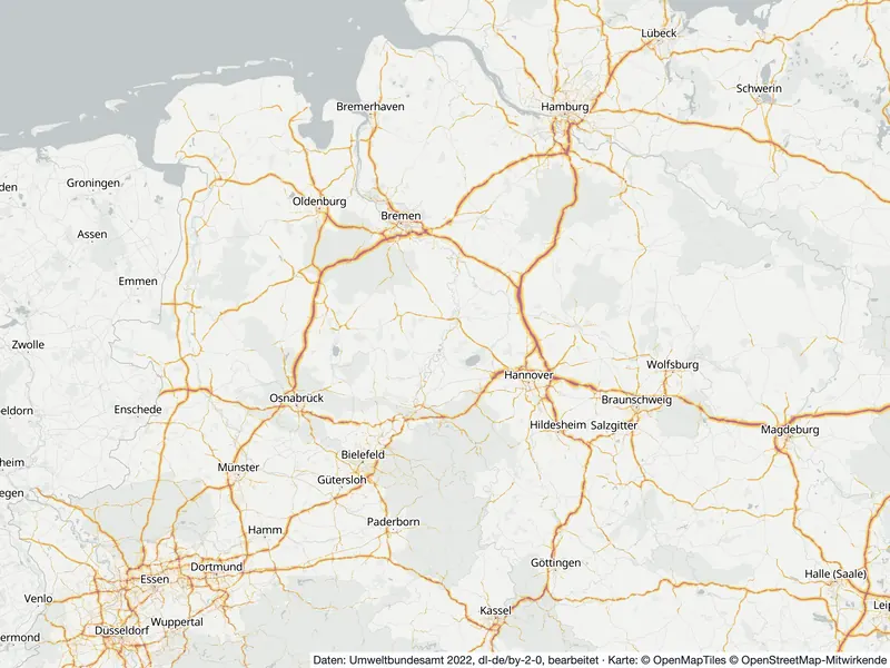 Lärmkarte Niedersachsen: Straßenlärm nachts (Lnight) an Hauptverkehrsstraßen und in den Großstädten, Stand 2022