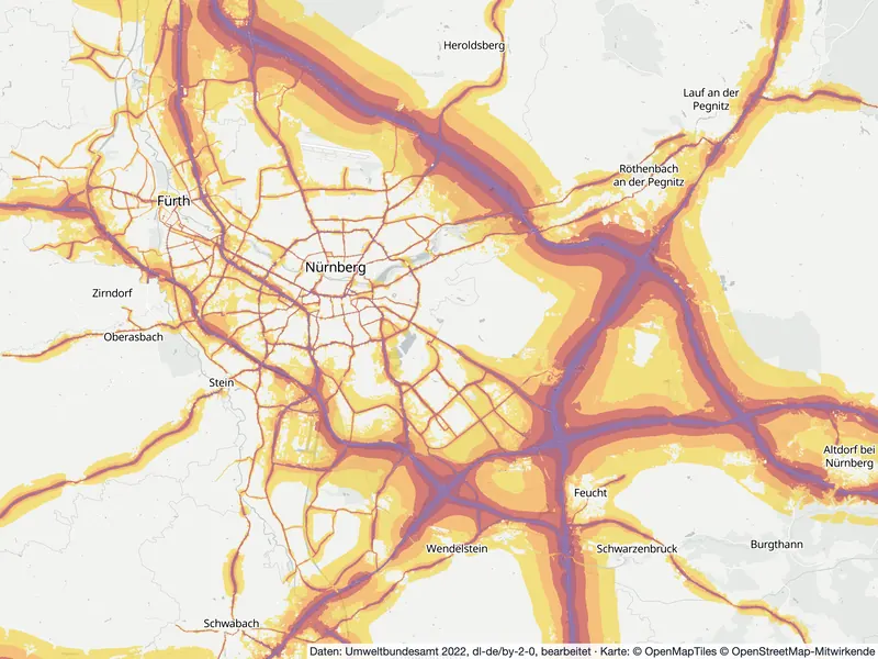 Lärmkarte Nürnberg: Straßenlärm tagsüber (Lden) von 55 dB (gelb) bis über 75 dB (violett), Stand 2022