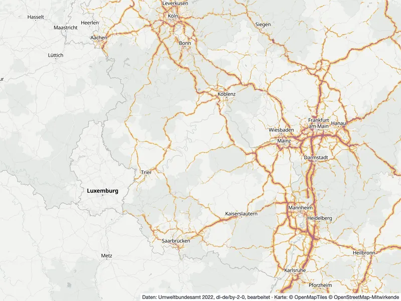 Lärmkarte Rheinland-Pfalz: Straßenlärm tagsüber (Lden) an Hauptverkehrsstraßen und in den Großstädten, Stand 2022