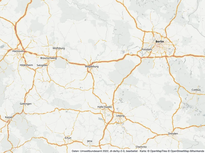 Lärmkarte Sachsen-Anhalt: Straßenlärm nachts (Lnight) an Hauptverkehrsstraßen und in den Großstädten, Stand 2022