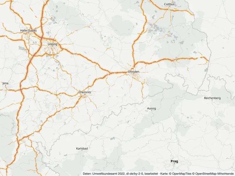 Lärmkarte Sachsen: Straßenlärm tagsüber (Lden) an Hauptverkehrsstraßen und in den Großstädten, Stand 2022