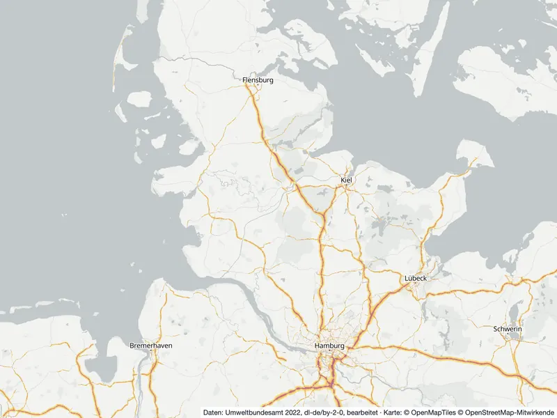 Lärmkarte Schleswig-Holstein: Straßenlärm nachts (Lnight) an Hauptverkehrsstraßen und in den Großstädten, Stand 2022