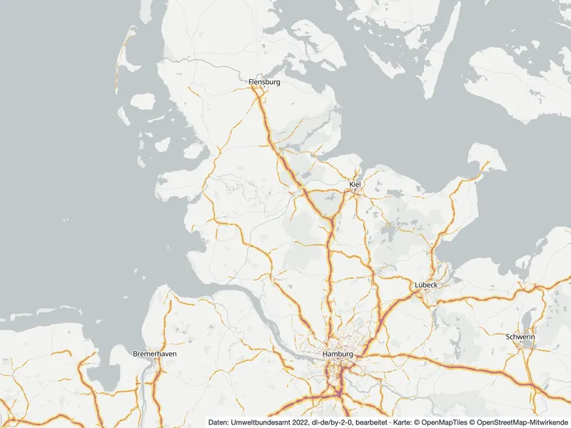 Lärmkarte Schleswig-Holstein: Straßenlärm tagsüber (Lden) an Hauptverkehrsstraßen und in den Großstädten, Stand 2022