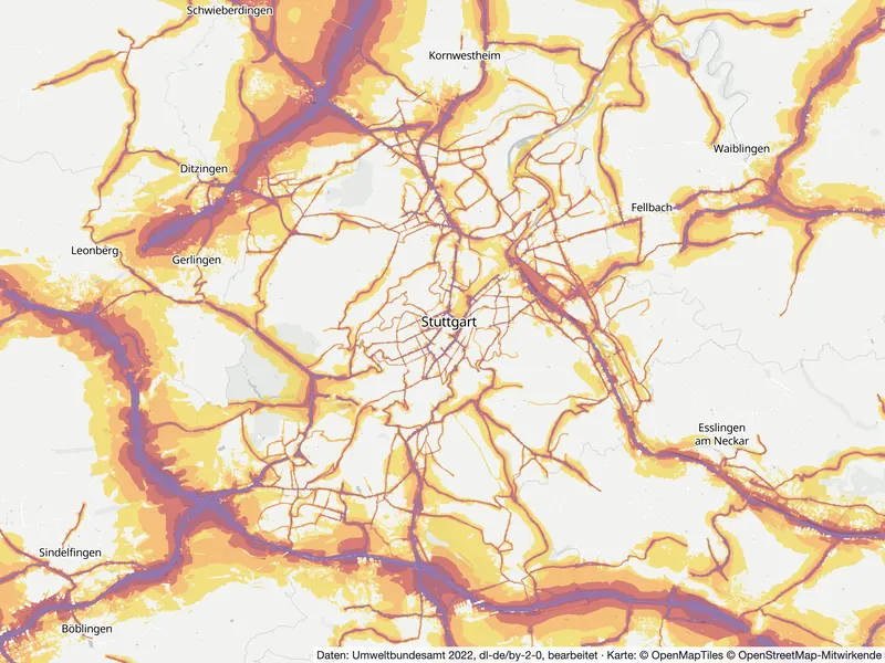 Lärmkarte Stuttgart: Straßenlärm tagsüber (Lden) von 55 dB (gelb) bis über 75 dB (violett), Stand 2022