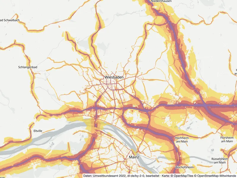 Lärmkarte Wiesbaden: Straßenlärm nachts (Lnight) von 50 dB (gelb) bis über 70 dB (violett), Stand 2022