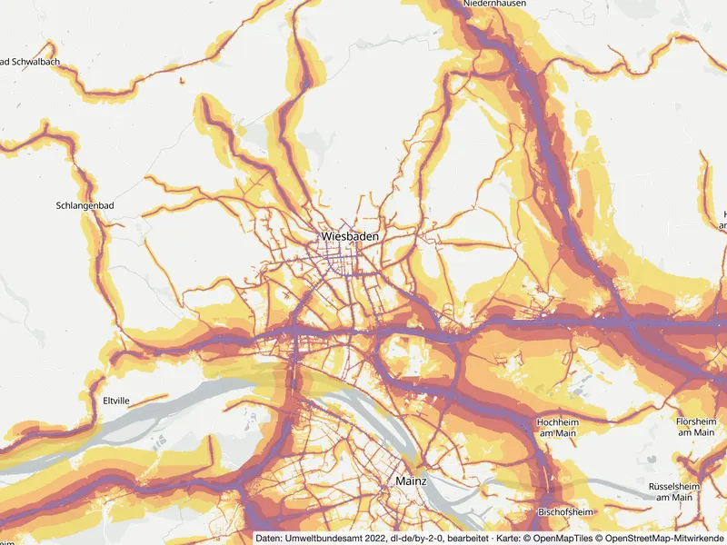 Lärmkarte Wiesbaden: Straßenlärm tagsüber (Lden) von 55 dB (gelb) bis über 75 dB (violett), Stand 2022